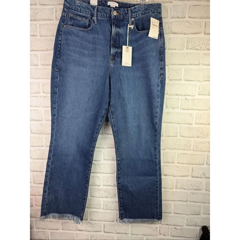 New Good American Good Boy Jeans GBFH134T Size 14 Raw Fray Hem High Waist